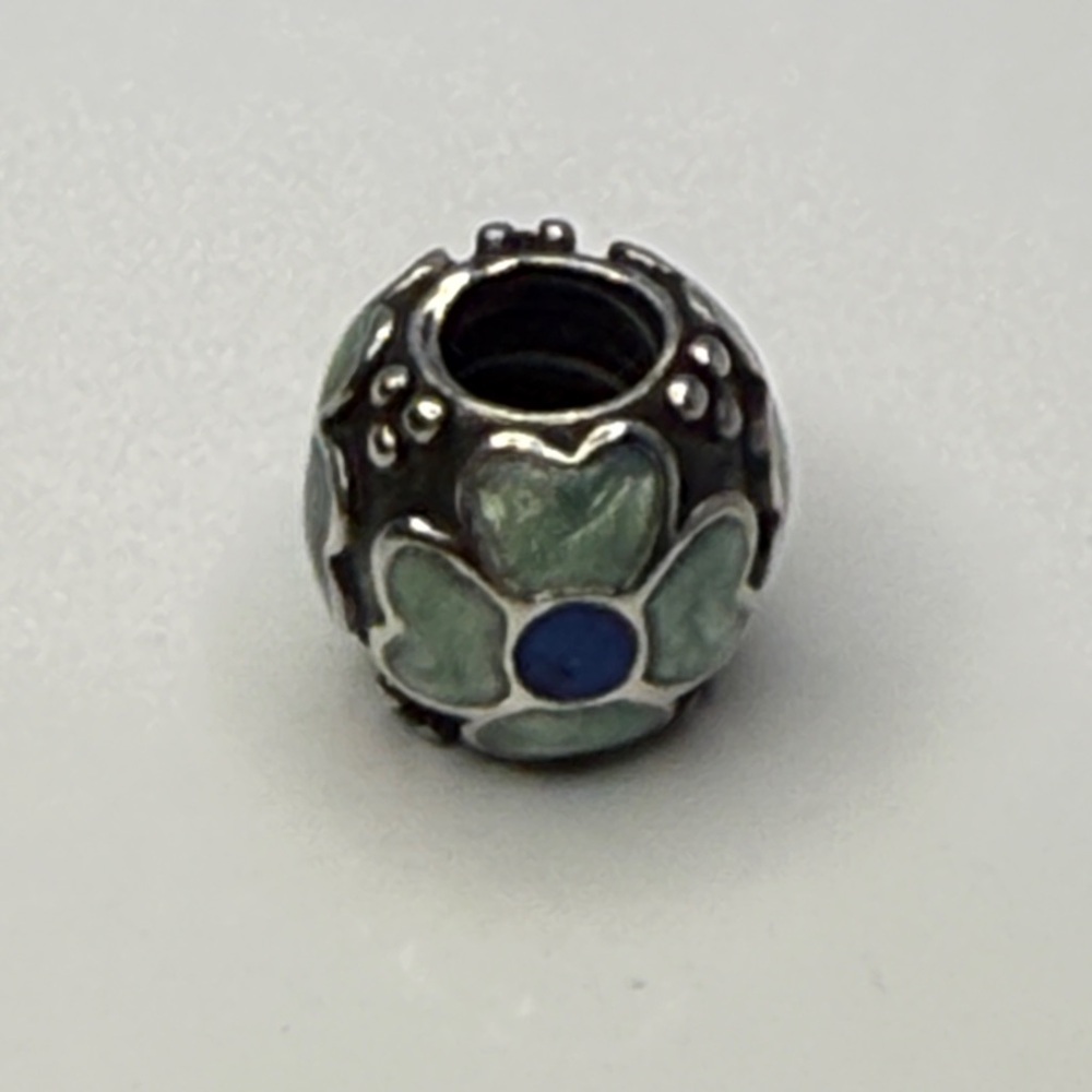 Retired Pandora Green & Blue Enamel Flower Sterling Silver Charm